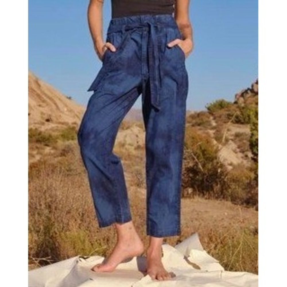 AMO Paperbag Pant Women‎ 26 Indigo Tie Dye High Rise Cotton Tapered Utility Crop - Picture 11 of 11